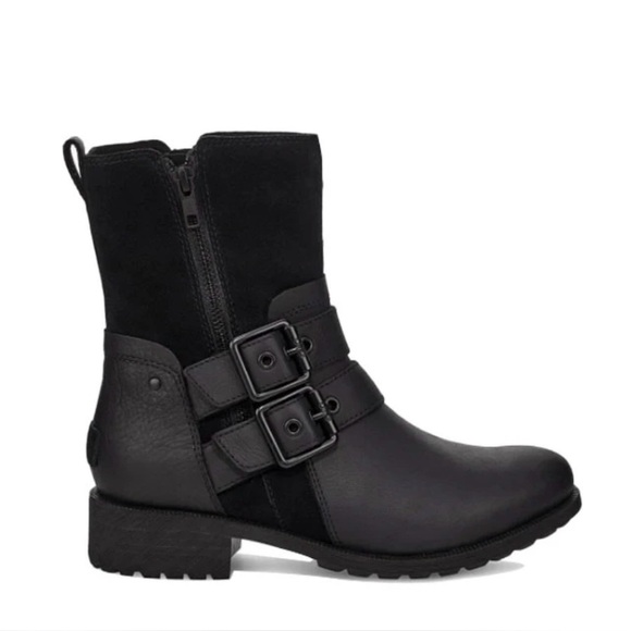 UGG Shoes - UGG Australia Wilde Combat Moto Black Leather MidTop Buckle Zip Boot Women’s 9.5